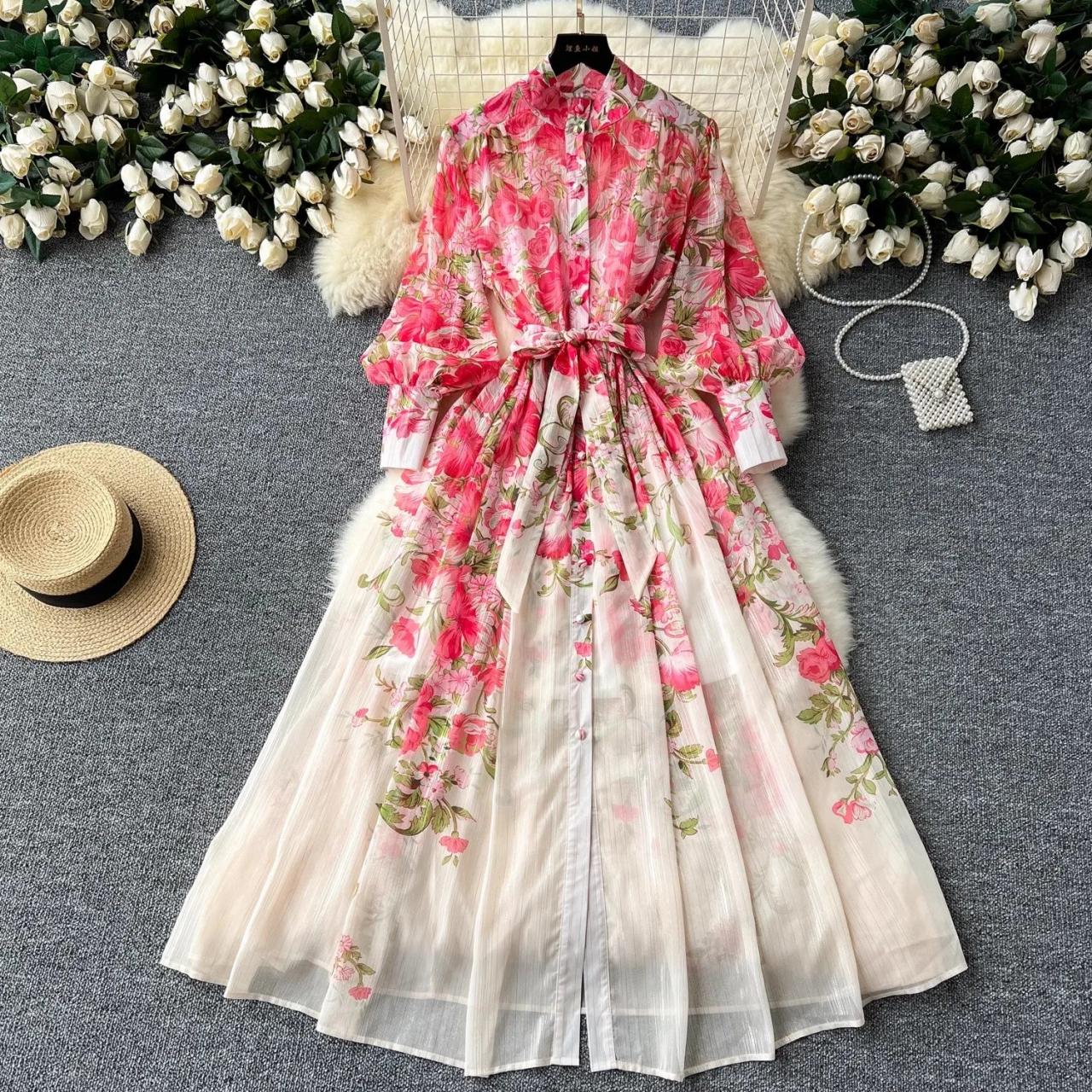 floral long sleeve chiffon maxi dress Light Pink Floral Chiffon Long Sleeve Maxi Dress Small