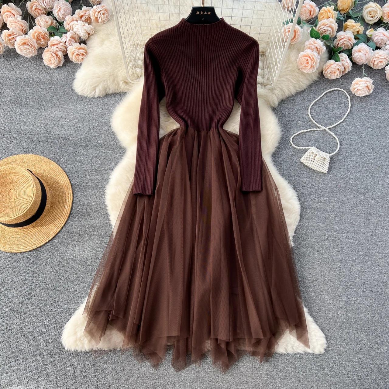 knit tulle dress Long-sleeve Ribbed Knit Tulle Dress Brown