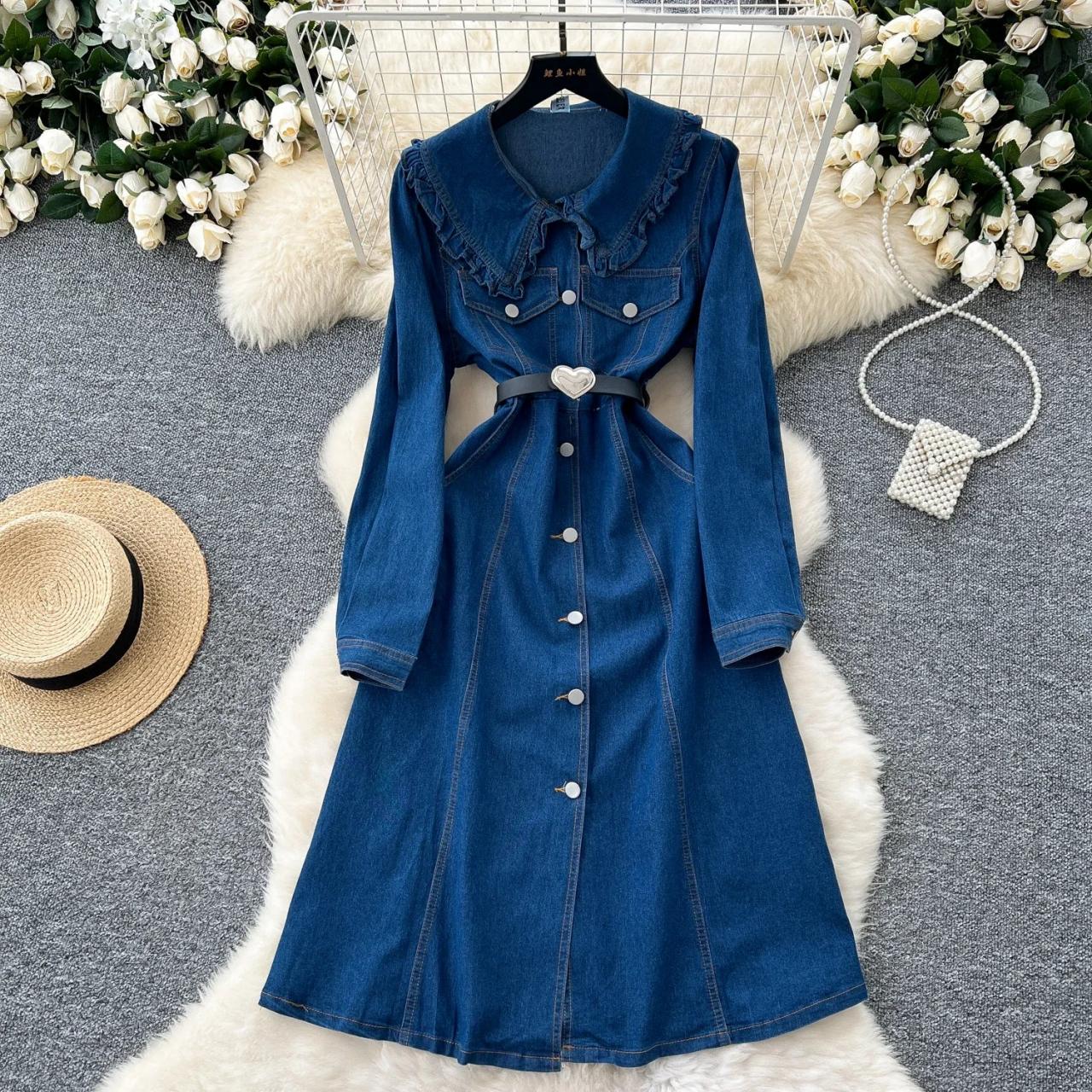 Denim Dress with Heart Belt and Buttons
