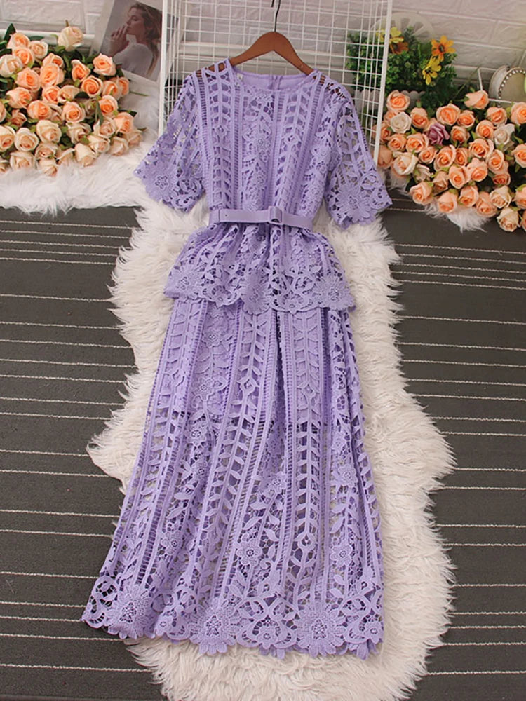 Lilac Lace Belted Dress With Peplum Detail