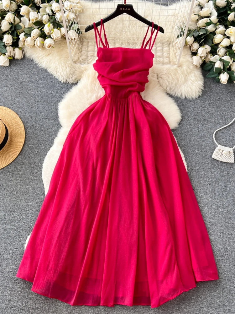 flowy red and pink dress Asymmetrical One Sleeve Floral Midi Flowy Dress Pink / M main image 0
