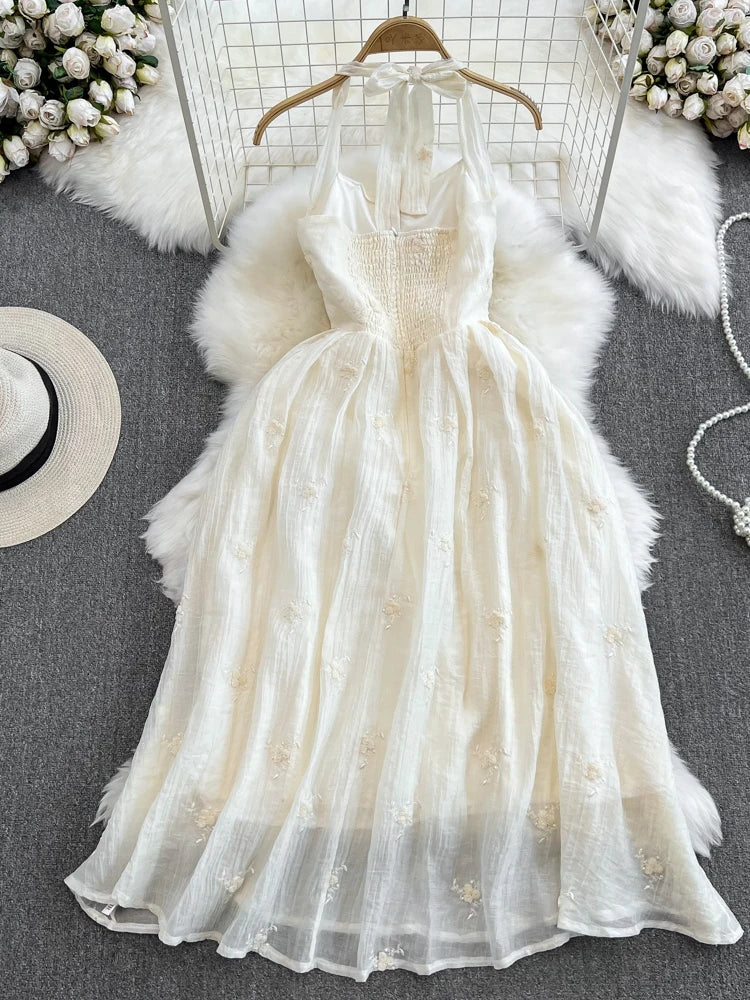 Vintage Floral Halter Dress with Lace Details