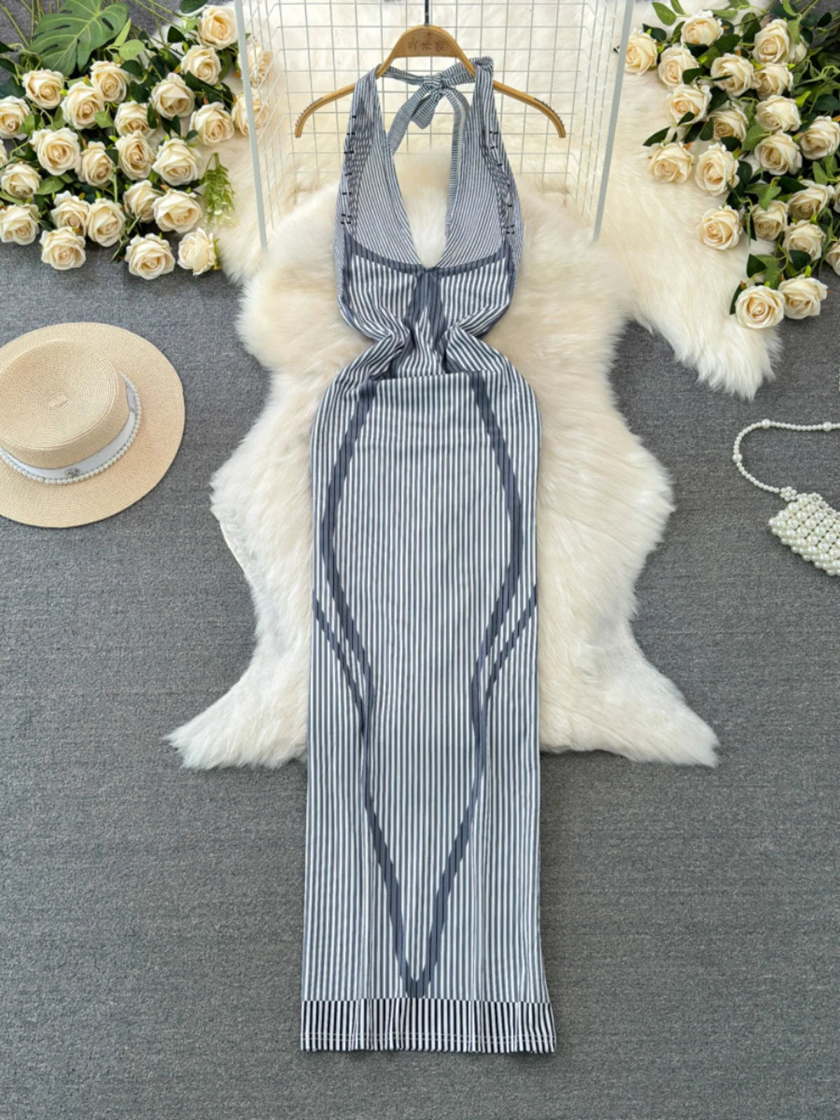 knee length dresses for ladies Vintage 90s Striped Halter Midi Dress (S) main image 1