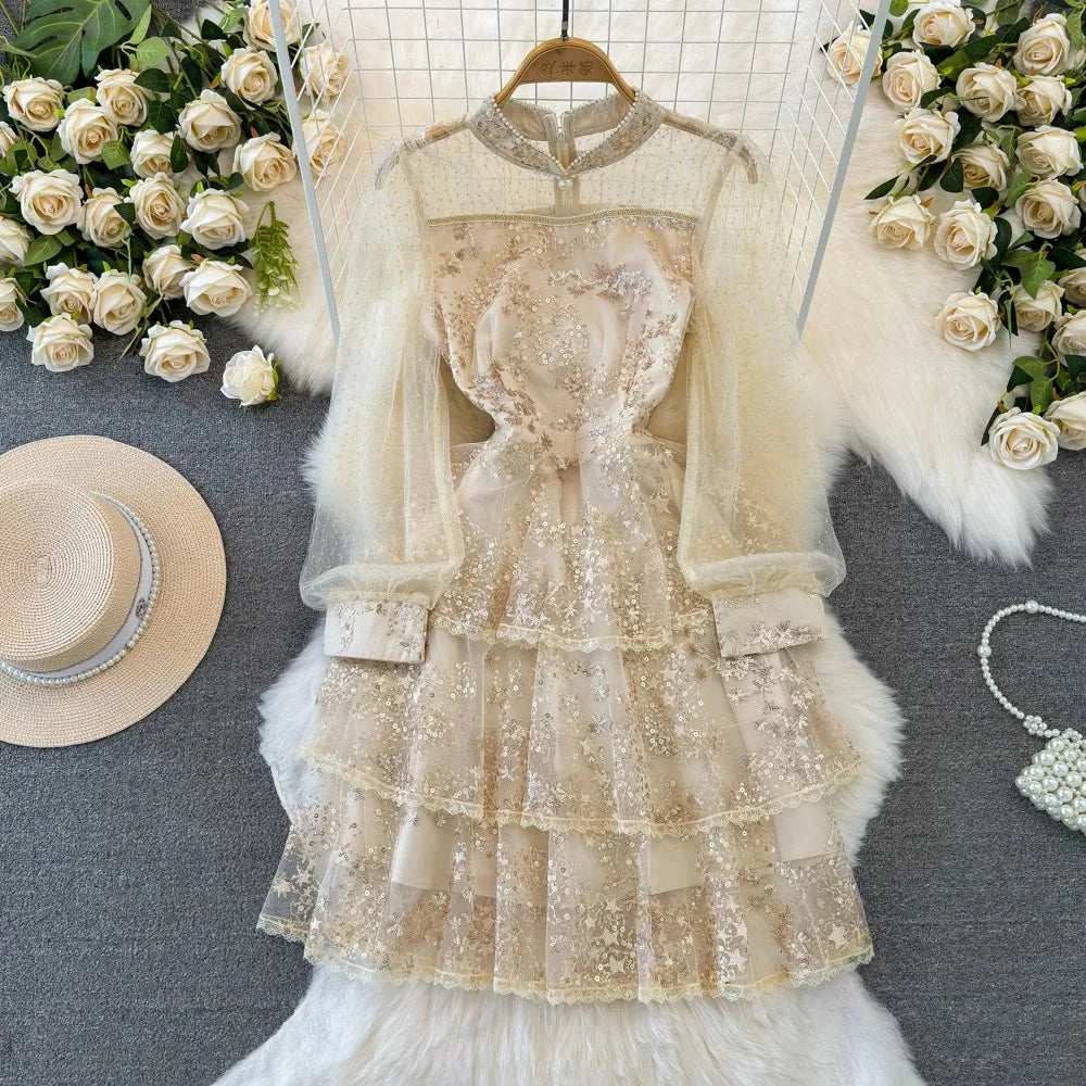 Sheer Glittering Lace Tiered Ruffle Midi Dress