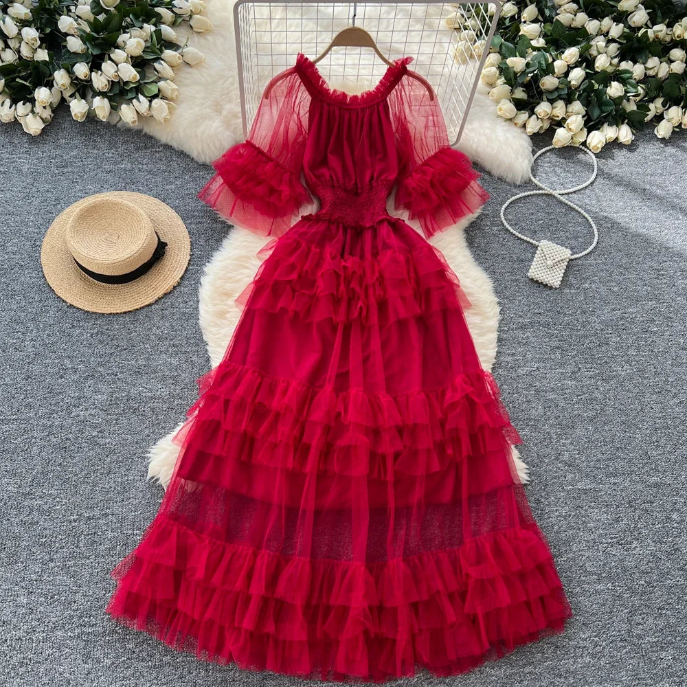 Red Layered Ruffle Dress With Flared Sleeves