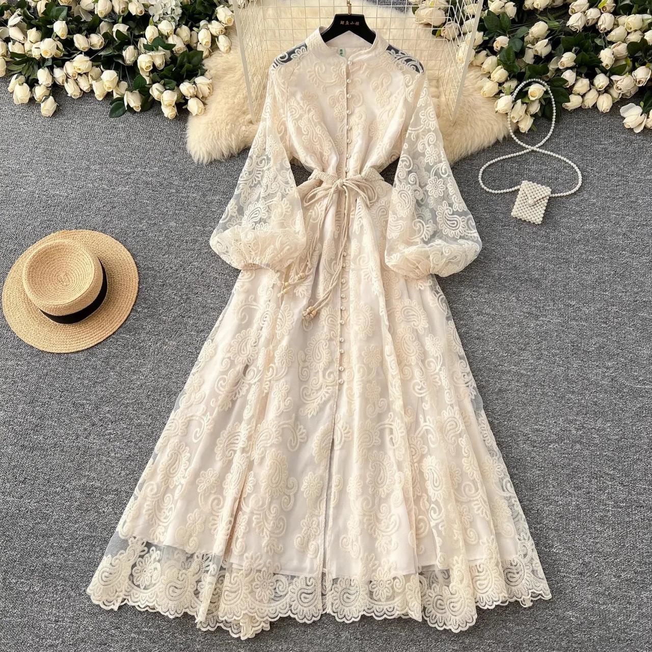knee length dresses for ladies Lovely Lace Chain Belt Maxi Dress main image 1