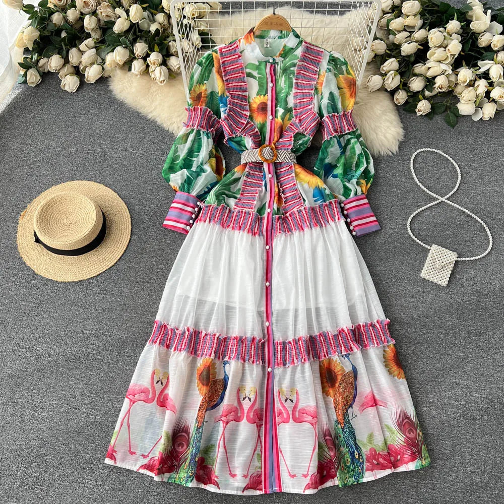 Vibrant Floral Maxi Dress with Flamingo Accents
