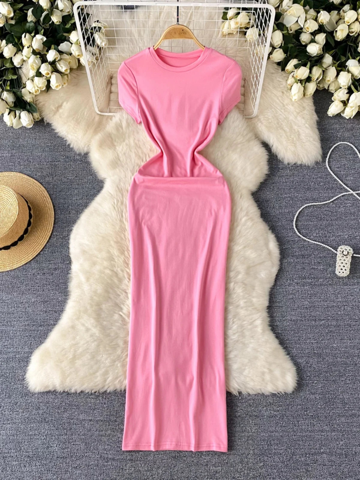 Soft Pink Short Sleeve Maxi Bodycon Dress