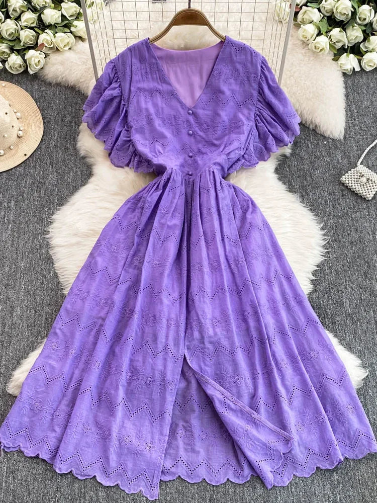Purple V-neck Floral Embroidered Maxi Dress