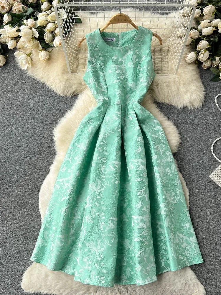 Mint Green Floral Sleeveless Vintage Midi Dress