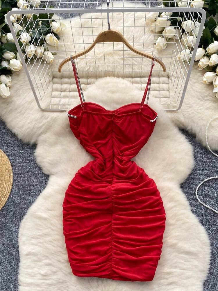 red dress with diamond straps Women's Red Satin Bodycon Dress, Spandex, Mini Above Knee, Diamond Detail