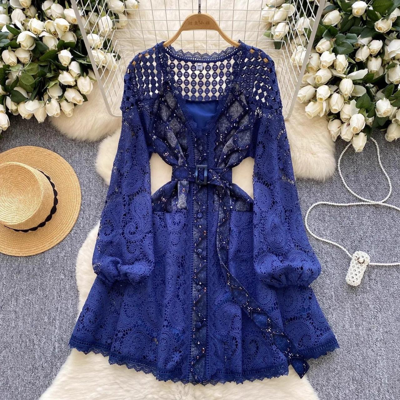 Lace Belted Openwork Long-sleeve Blue Dress