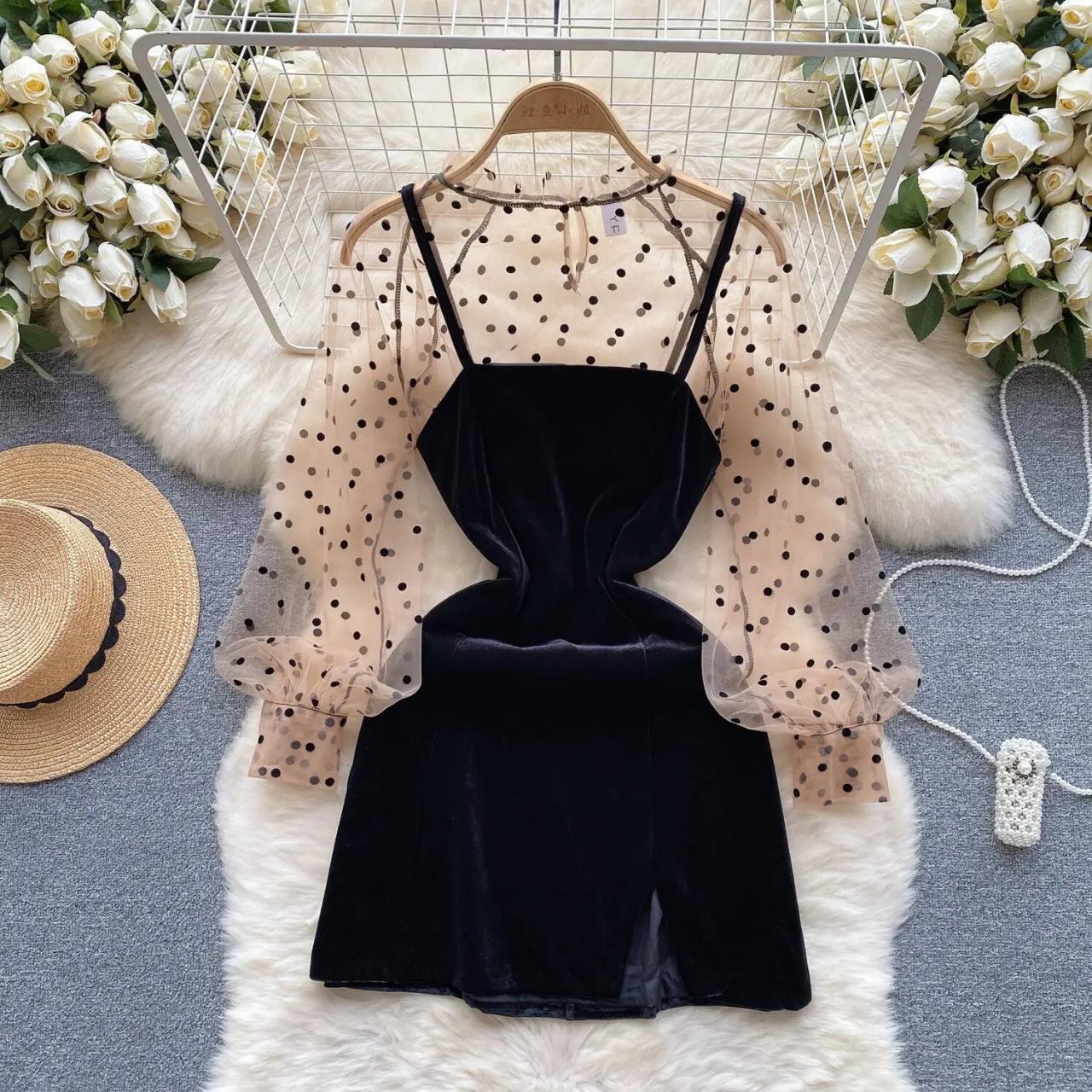 Sheer Polka Dot Dress With Black Velvet Dress