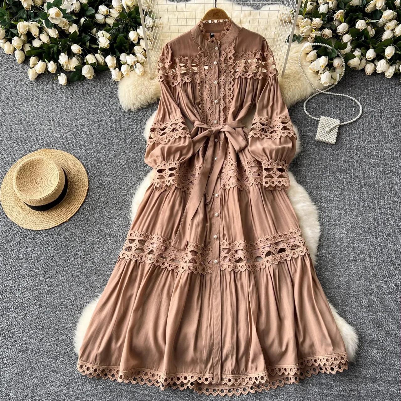 Lace-embellished Brown Long Dress With Belt