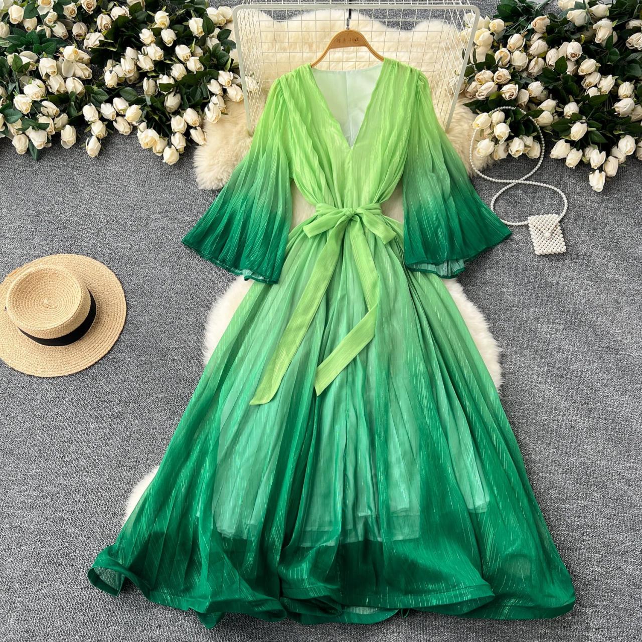 Green Ombre Kimono Dress with Flowing Sleeves