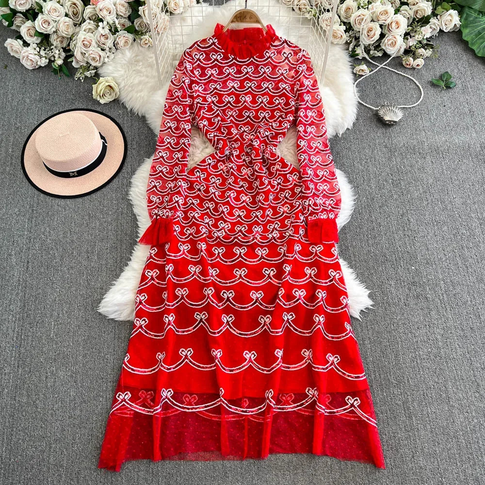 chinese dress ladies Burgundy Lace Sleeve Jersey Midi Dress