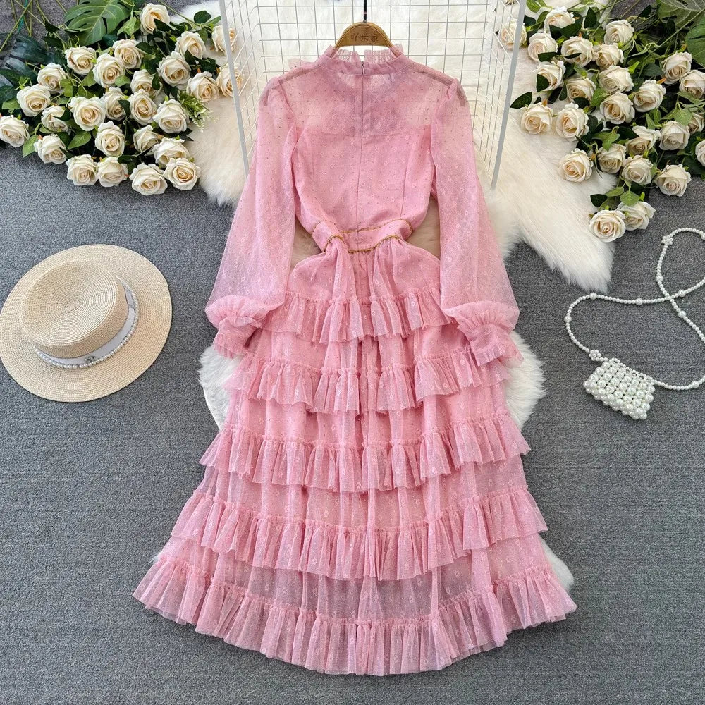 pink long sleeve pearl dress Andrea and Leo