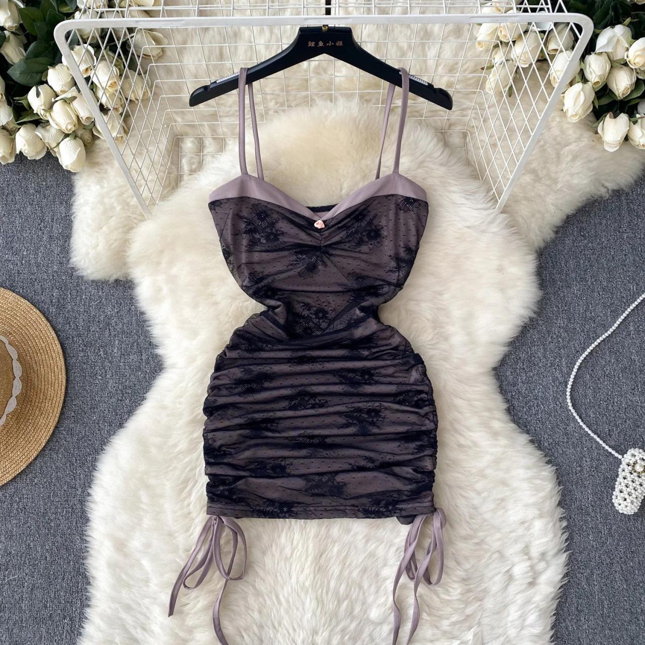 Sleek Black Ruched Mini Dress With Spaghetti Straps on Luulla