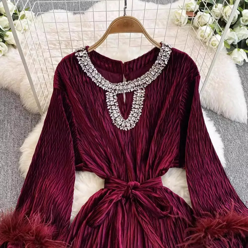 Burgundy Maxi Dress With Feather Cuff Trim on Luulla