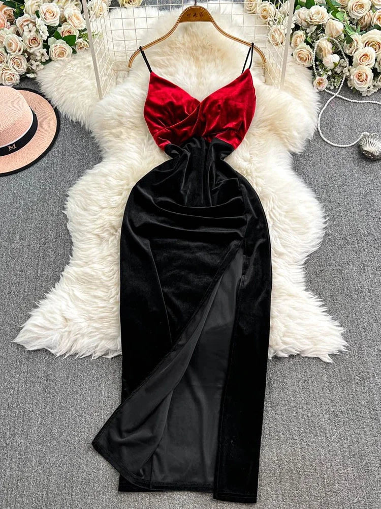 Red Velvet Black Maxi Dress With Slit on Luulla