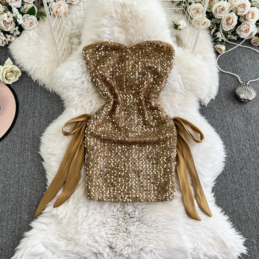 Strapless Gold Sequin Bodycon Dress With Ribbons on Luulla