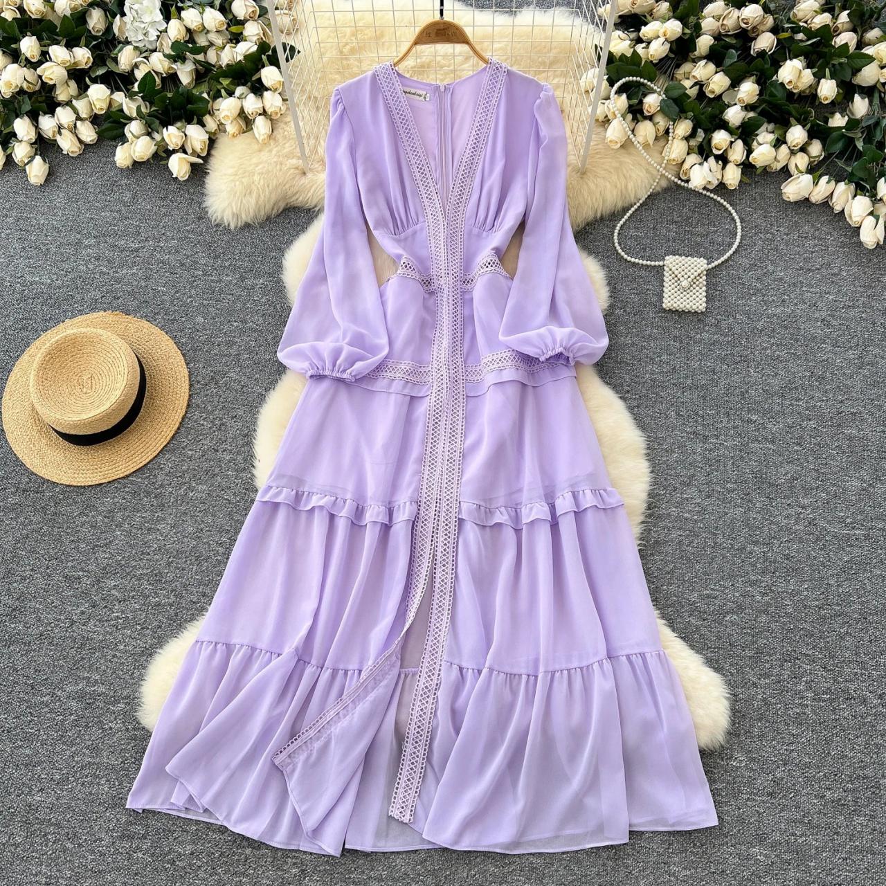 Lavender Long-sleeve Maxi Dress With Lace Trim