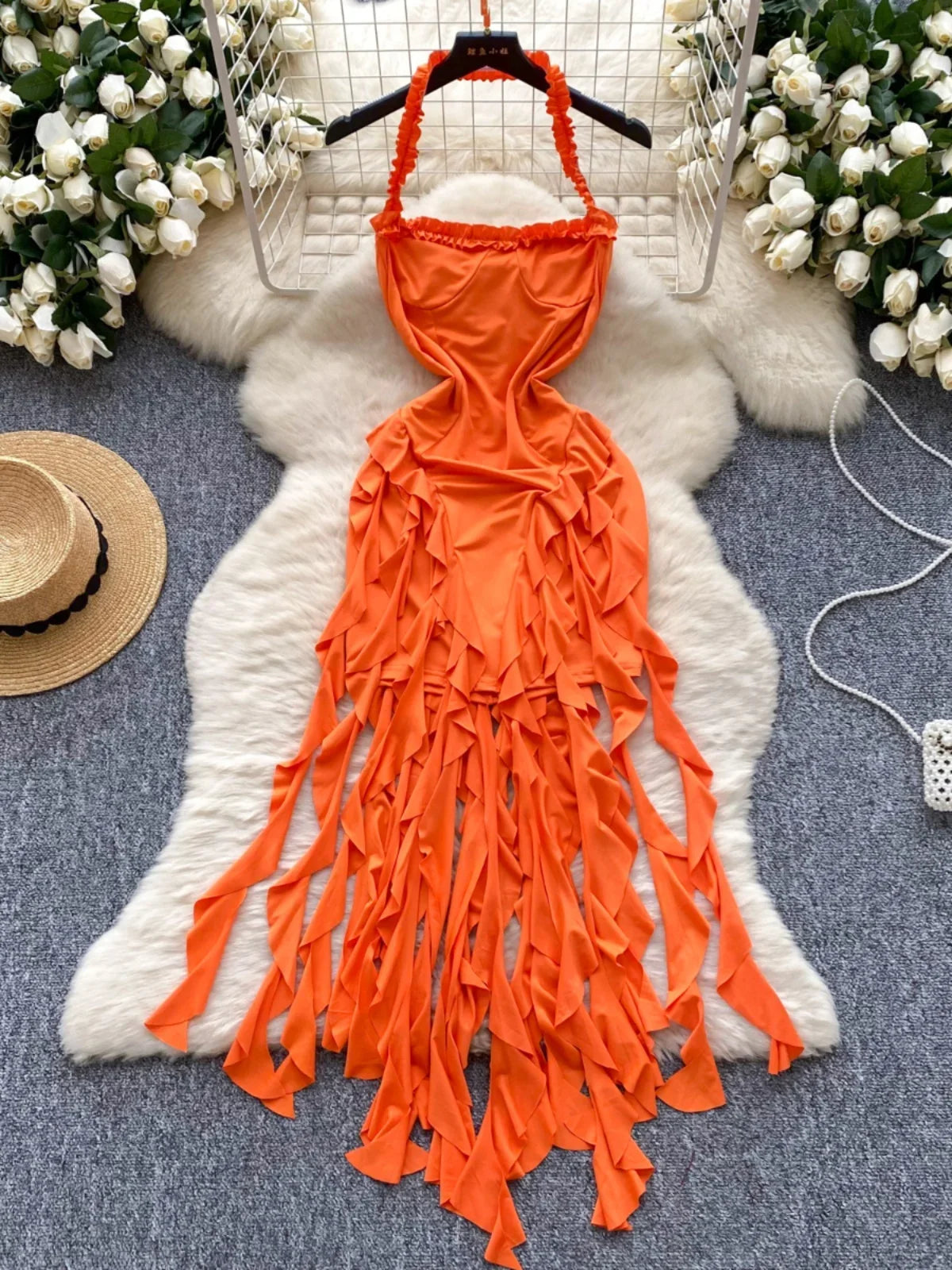 Vibrant Orange Halter Ruffled Beach Maxi Dress