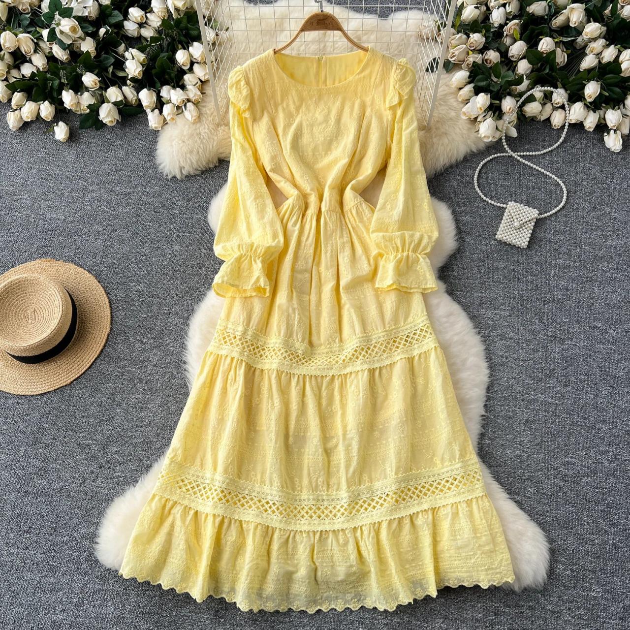Yellow Lace-trimmed Long-sleeve Maxi Dress Floral