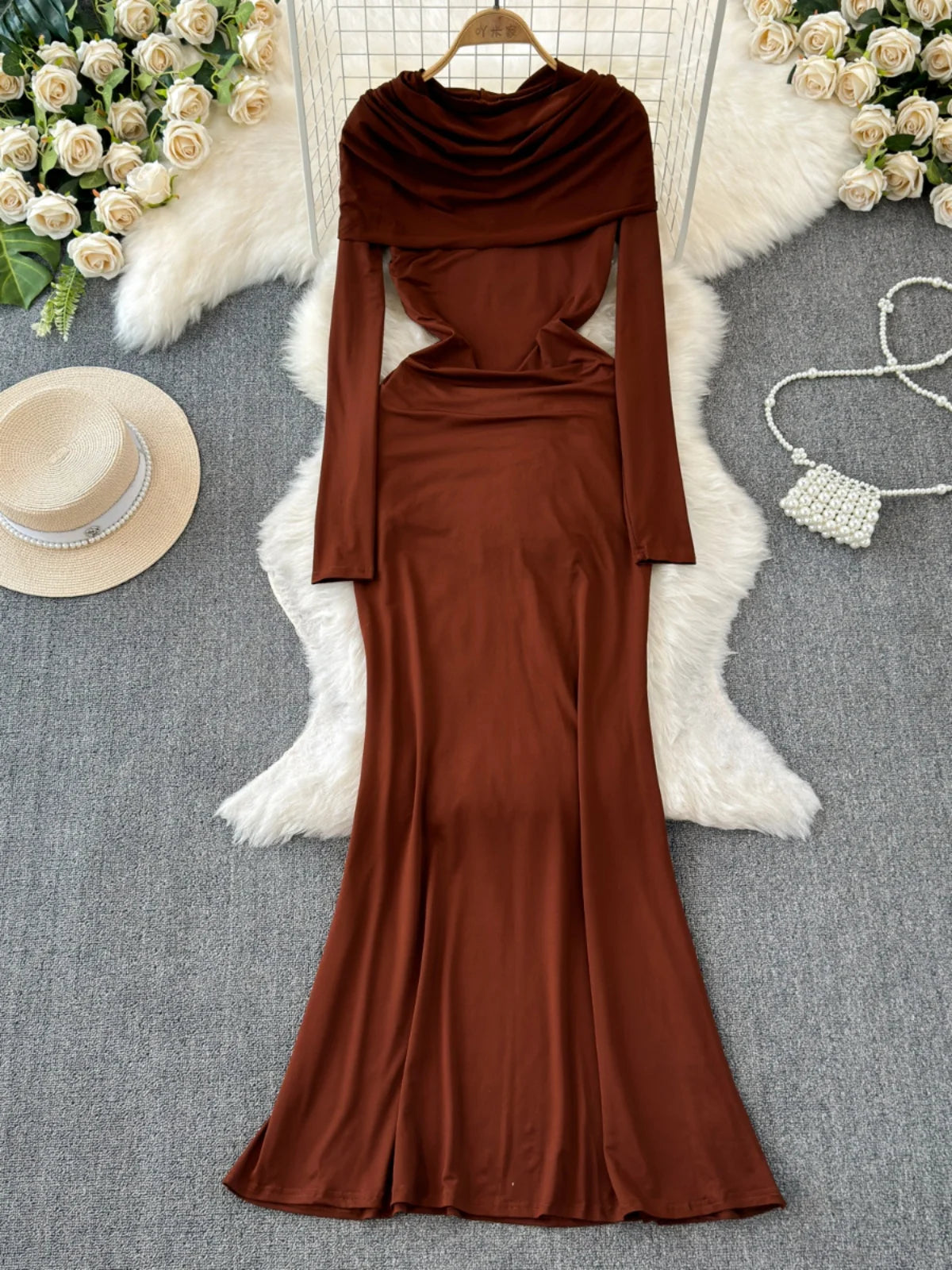 Long-sleeve Cowl Neck Bodycon Gown With Cutouts