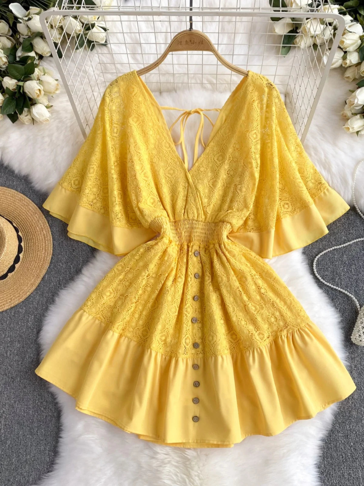 chinese dress ladies Sybelle Lace Drop Waist Mini Dress Yellow main image 1