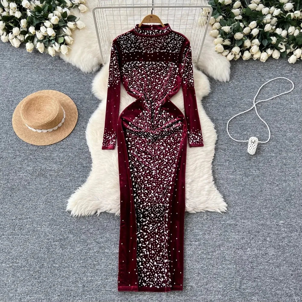 Sparkling Burgundy Gown with Long Sleeves Cutout