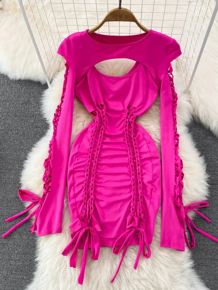 hot pink bodycon dress long sleeve Hot Pink Solid Maxi Bodycon Dress With Long Sleeves And Scoop Neck