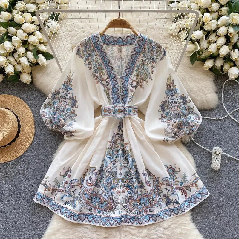 Bohemian Floral Kimono Dress With Embroidered Belt