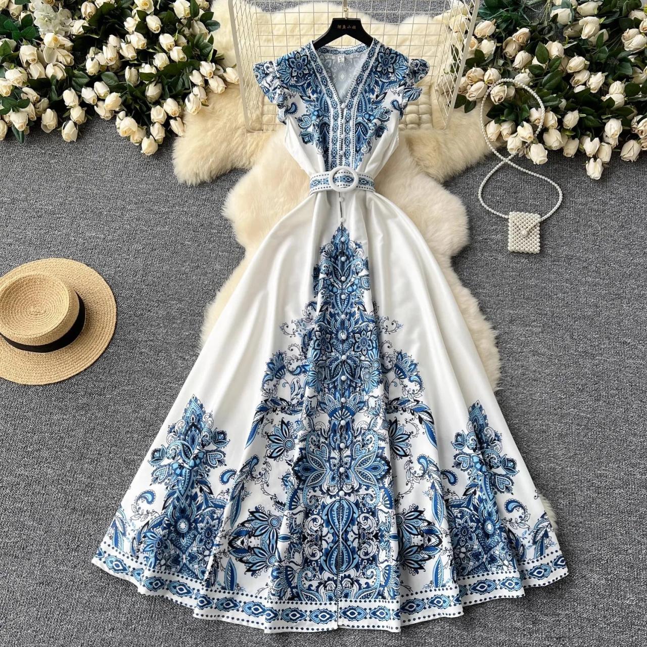 v neck embroidered maxi dress A-Line Maxi Dress with Embroidered Lace and Deep V-Neckline main image 1