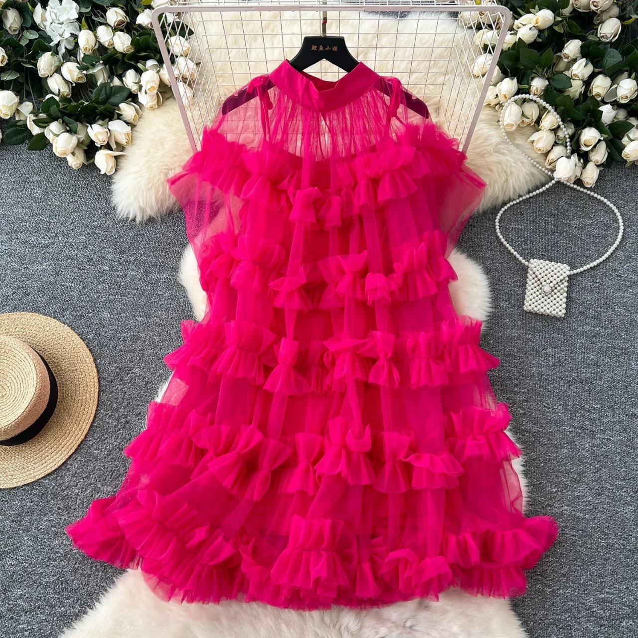 Vibrant Pink Ruffled Sleeveless Layered Party Dress