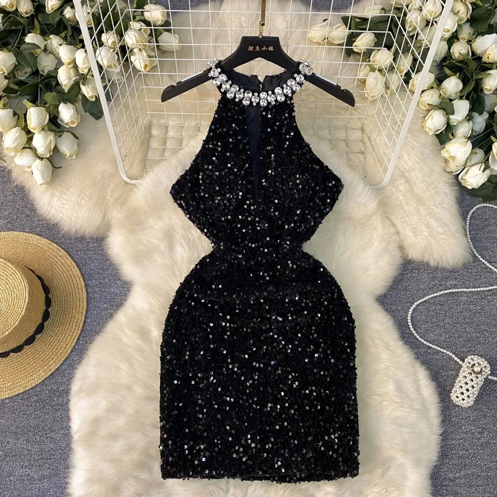 shimmer halter dress Black Sequined Halter Dress With Pearl Details