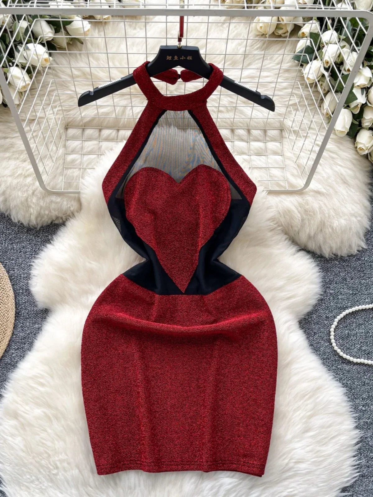 Red Heart Halter Cutout Mesh Bodycon Dress