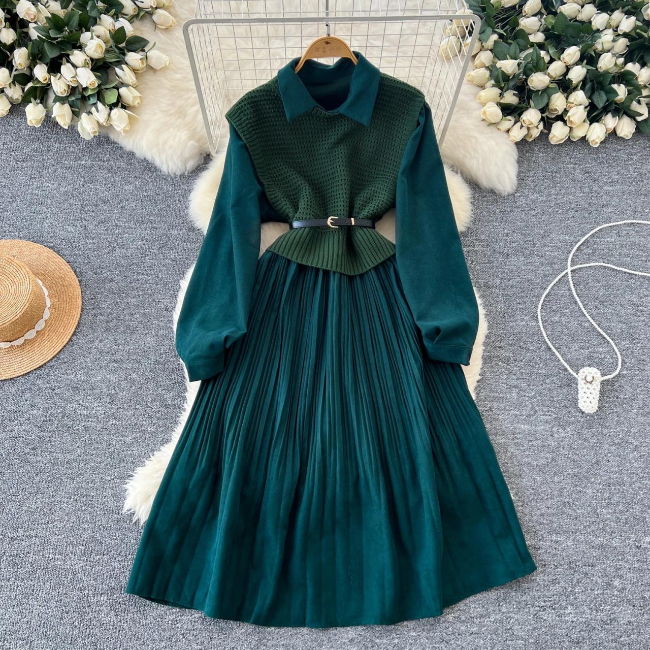 Green Knit Vest Long Sleeve Pleated Dress on Luulla
