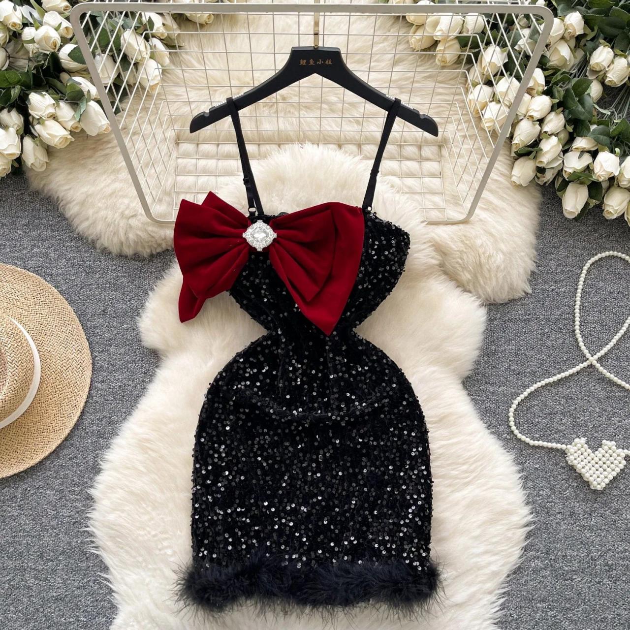 Black Sequin Dress With Red Bow Accent