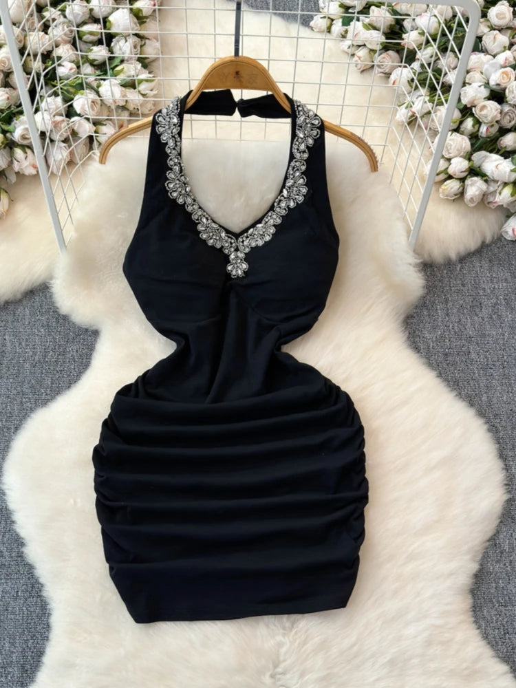 Black Ruched Bodycon Dress With Rhinestone