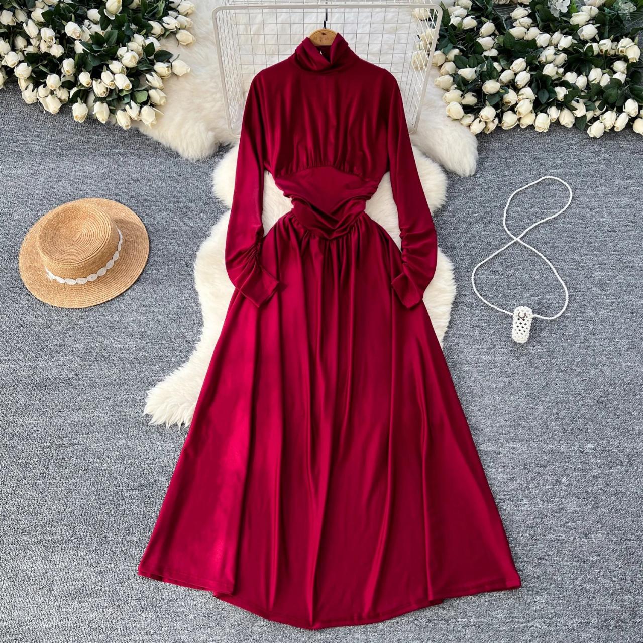 Red Satin Long Sleeve Tie Waist Dress on Luulla