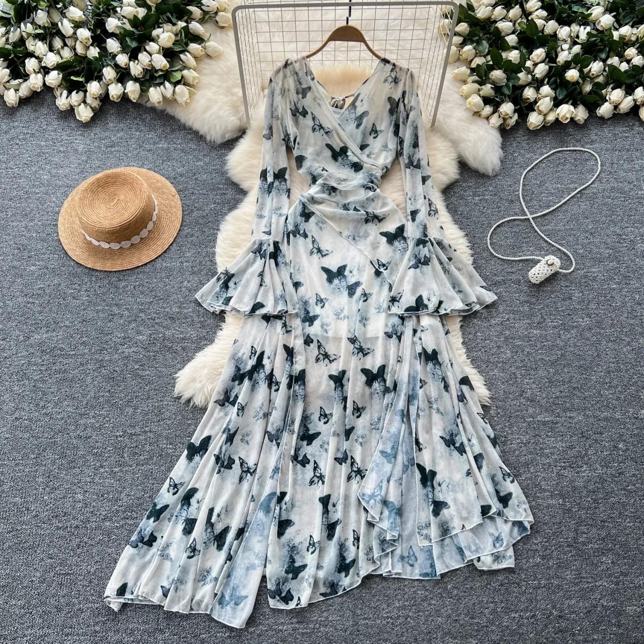 Butterfly Print Long Sleeve Maxi Dress