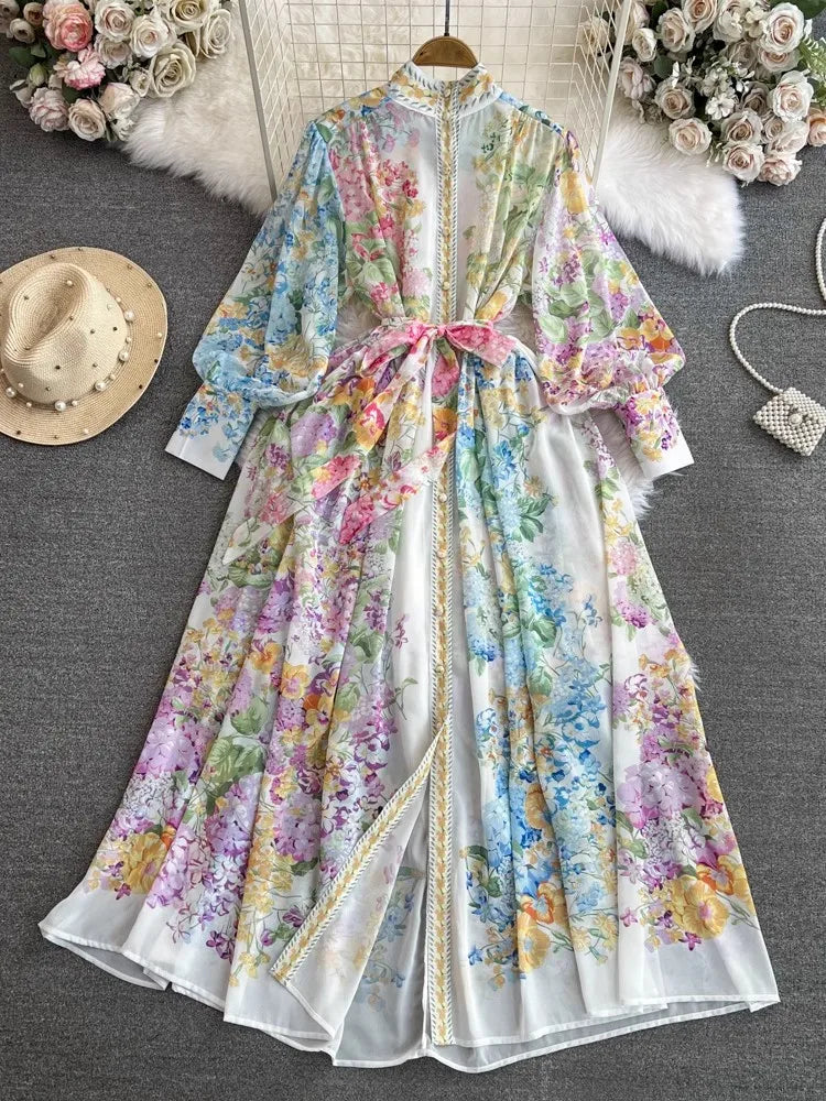 chinese dress ladies MissJophiel One Shoulder Long Sleeves Floral Print Chiffon Dress with Side Slit Pink Floral Print / Tea Length / Custom Size