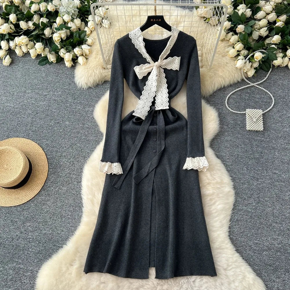 Lace Trim Long Sleeve Knit Cardigan Dress on Luulla