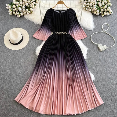 gradient pleated dress Gradient Pleated Maxi Dress With Belted Waist