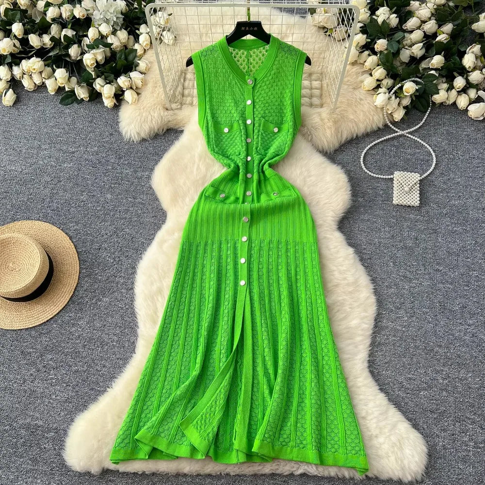 Vibrant Green Sleeveless Button-front Maxi Dress on Luulla