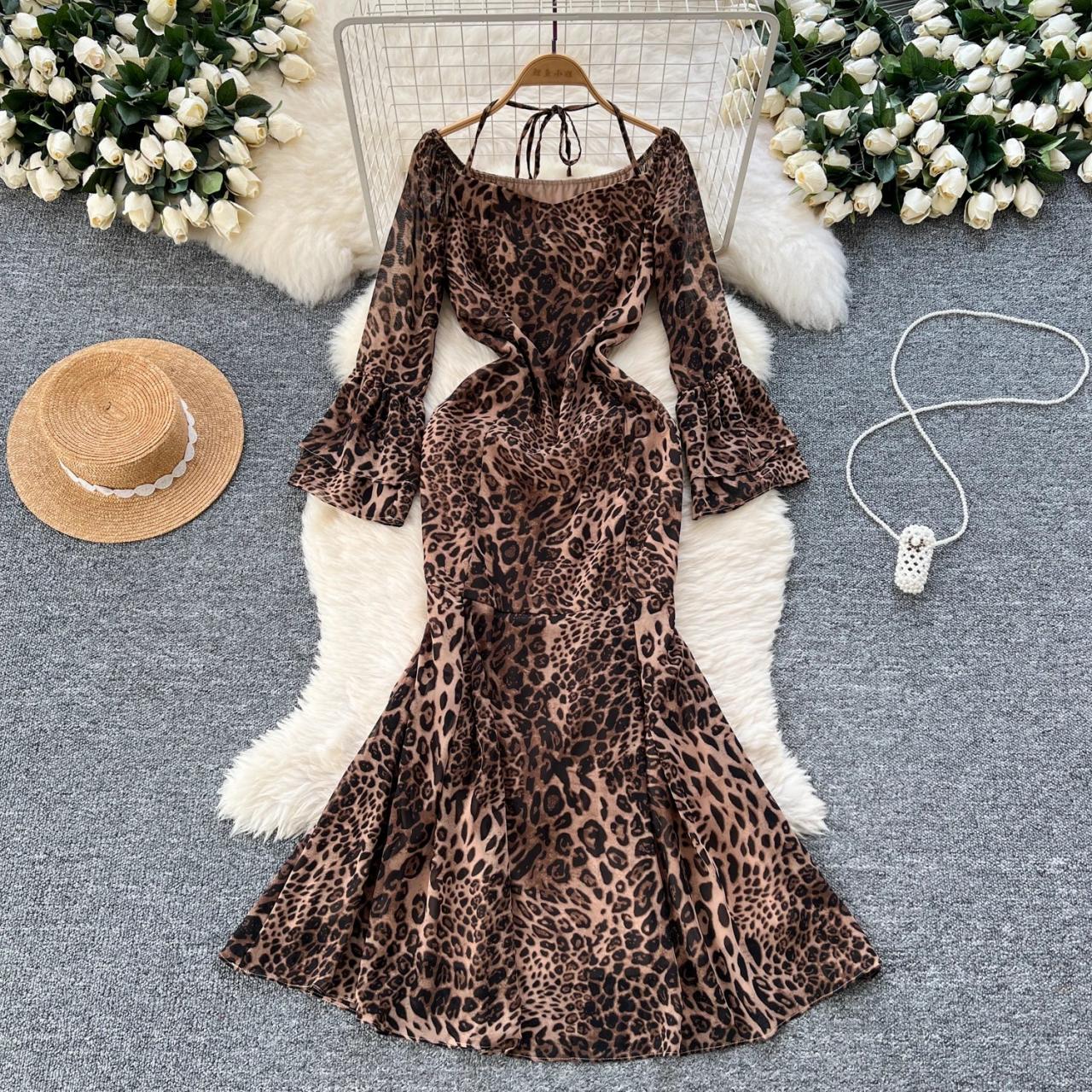 Leopard Print Long Sleeve Mermaid Maxi Dress