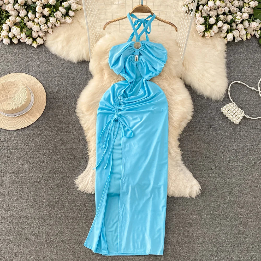 Stylish Blue Halter Neck Ruched Maxi Dress