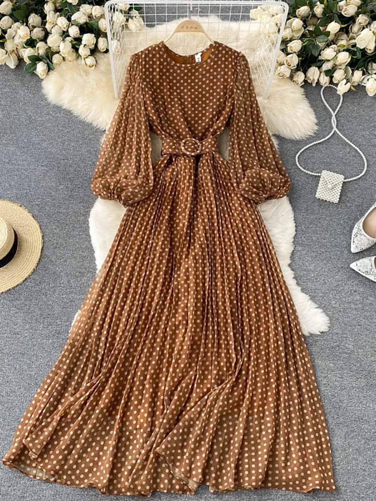 knee length dresses for ladies Polka Dot Layered Midi Dress- Chocolate