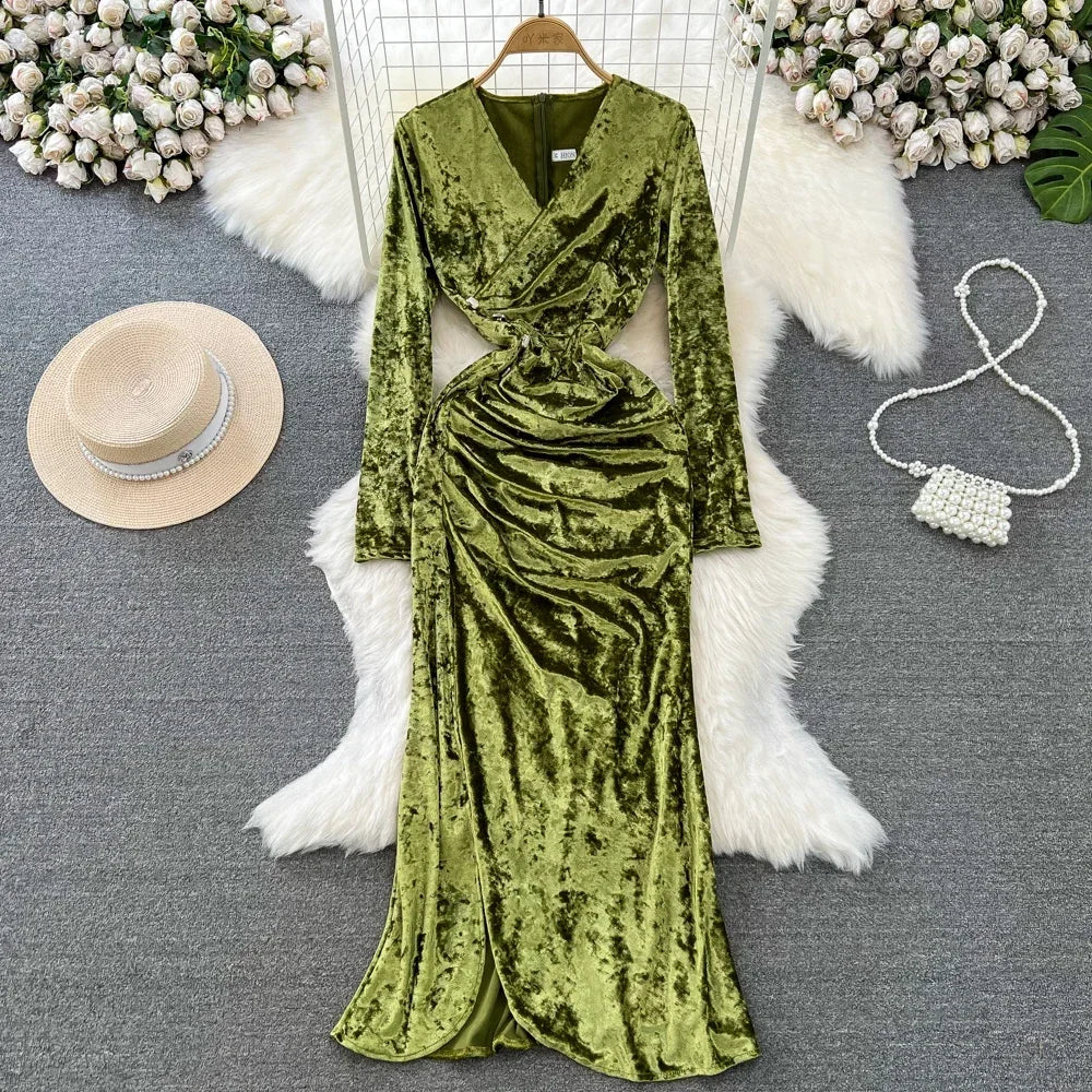 strapless open back dress Olive Green Velvet Long Sleeve Skater fit n flare Dress– Peridot Clothing main image 0